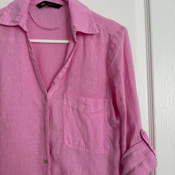 Zara Long Sleeve Linen Button Down Shirt S Pink - Picture 7 of 11
